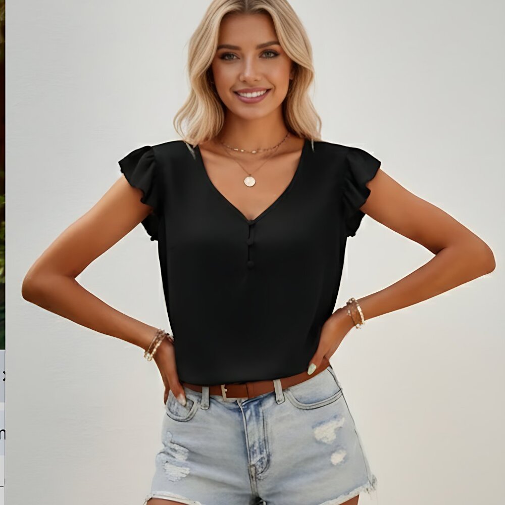 Chiffon Ruffle Sleeve Blouse Black - Picture 3 of 8